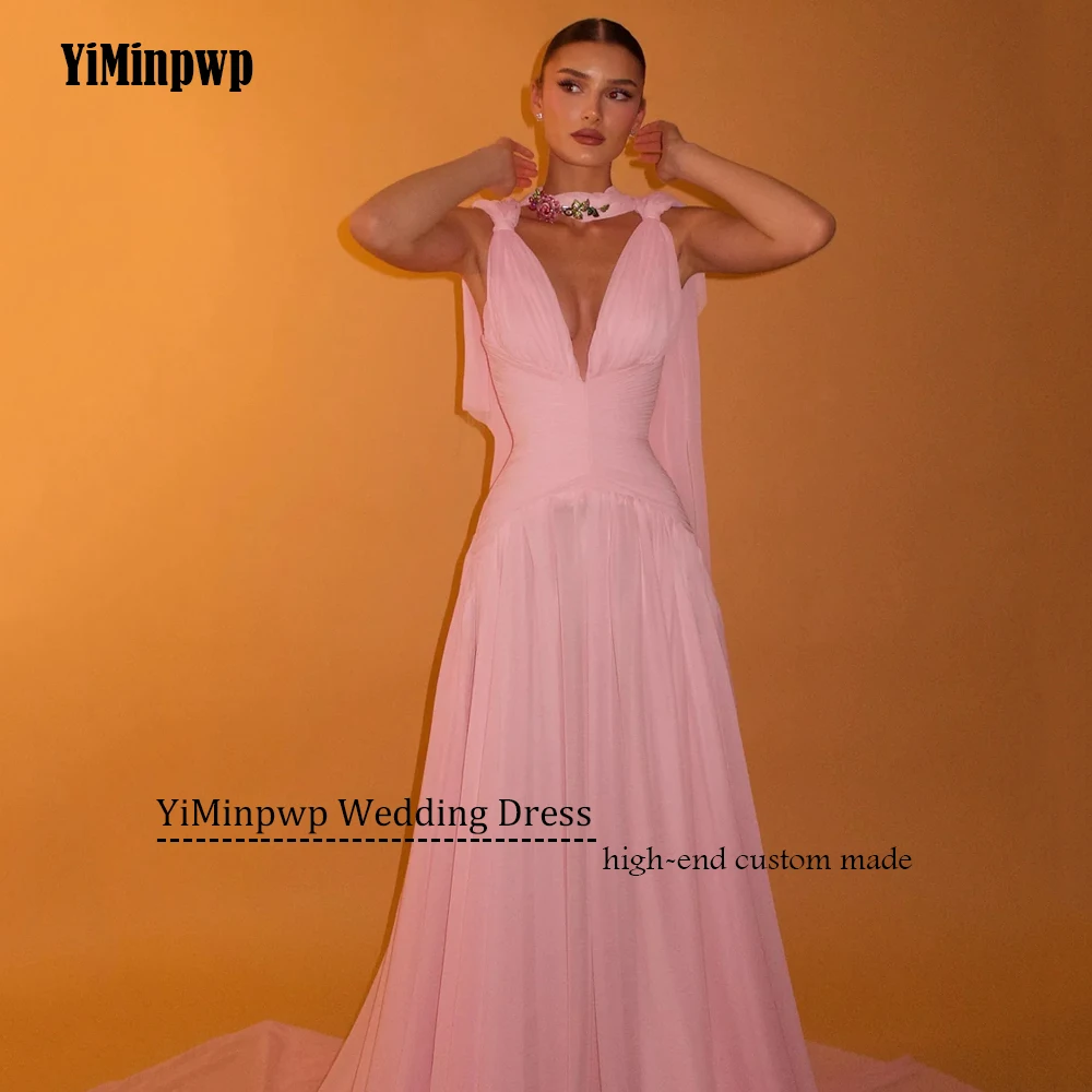 فساتين لحضور الحفلات الموسيقية من الشيفون الوردي عميق على شكل حرف v بدون أكمام فساتين سهرة مثيرة للنساء بدون ظهر فيستدوس دي فييستا أنيقة حسب الطلب