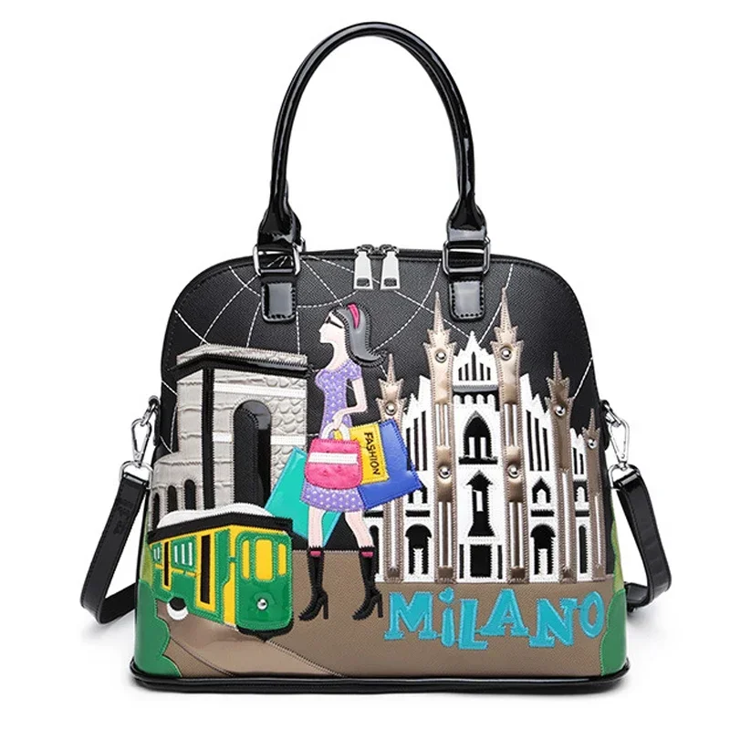 Women Bags Leather Patchwork Embroidery Backpack Preppy Schoolbag Student Bag Travel Bag Totes Braccialini Style Cartoon Milan