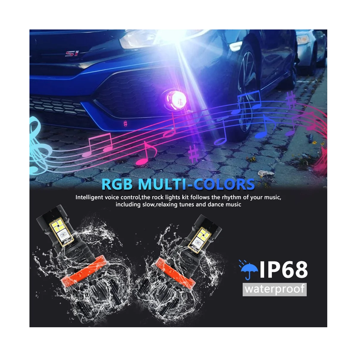 Car LED RGB Headlight APP Bluetooth-Compatible Control Multi Colors LED Fog Lights Bulbs ,H8 H9