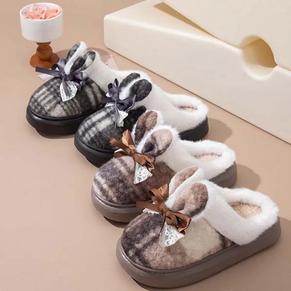 

Coldproof Soft Plaid Rabbit Ear Cotton Slippers Bow Fluffy Slides Winter Warmer Slippers EVA Furry Warm Home Cotton Shoes Women