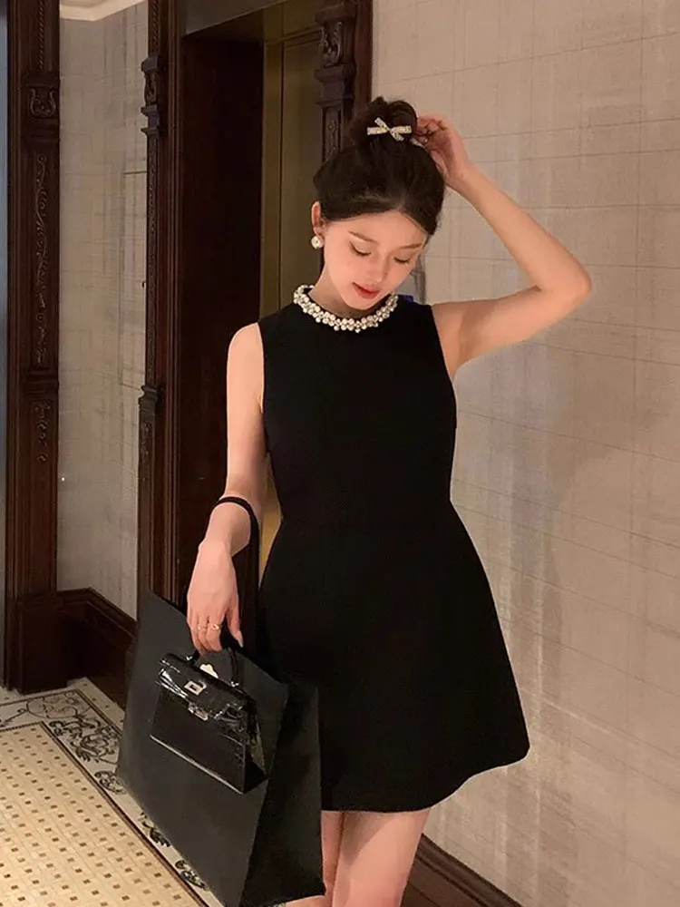 Korea Retro Black Mini Dress Vintage Pearl Beading Sleeveless A Line Dress Sundress Princess Elegant Office Lady Party Vestido