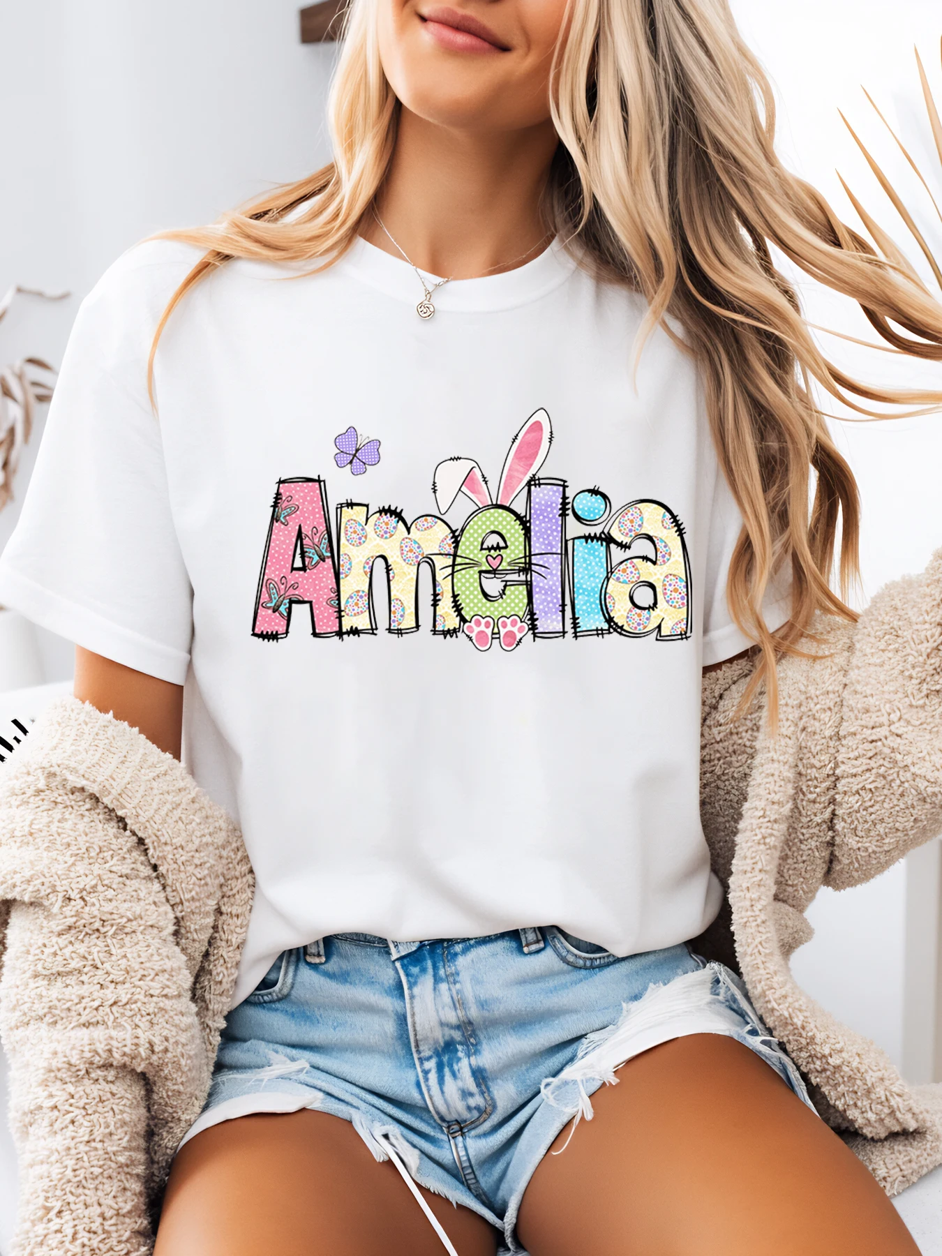 Osterhasen-Druck Amelia Name T-Shirt Ostern Damen Casual Outfit Weiß Plus-Size