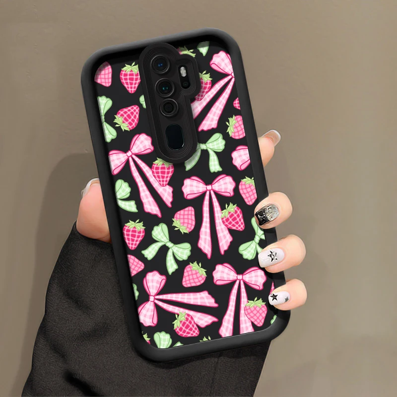 جراب هاتف ل ممن لهم A60 A76 A57 A55 A54 A52 A33 A32 A92S A72 A73 A74 A38 A53 لطيف القوس عقدة الفراولة طباعة غطاء مقاوم للصدمات