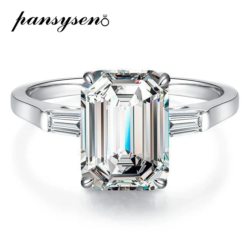 PANSYSEN Luxury 925 Sterling Silver 8x11MM Emerald Sapphire High Carbon Diamond Ring for Women Wedding Party Fine Jewelry Gift