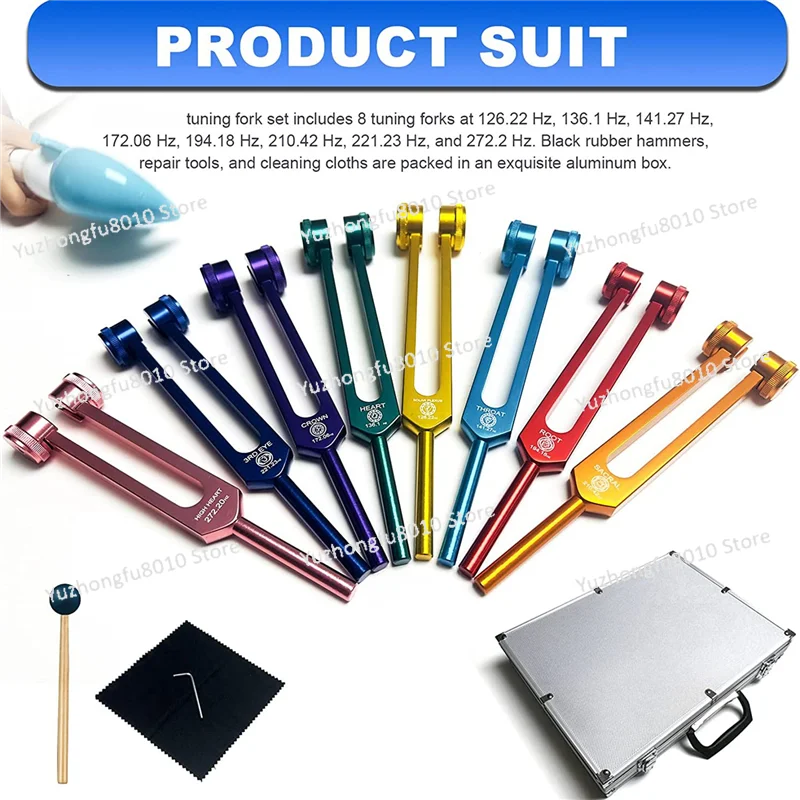 AT59 Chakra Tuning Fork Set for Healing,Sound Therapy,Keep Body,with Rubber Mallet,Wrench,Cleaning Cloth and Aluminum Box
