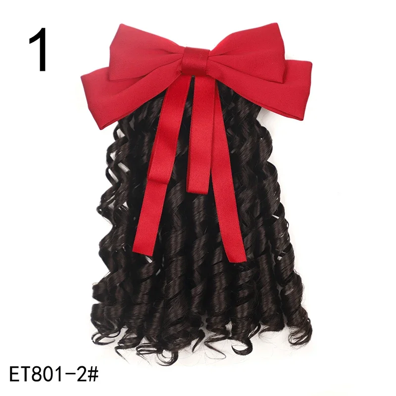 Children's Hair Ponytail Clip with Bow Synthetic Black Princess Curly Wig Hairpieces For Kids Evening Party Head Wear Accessorie