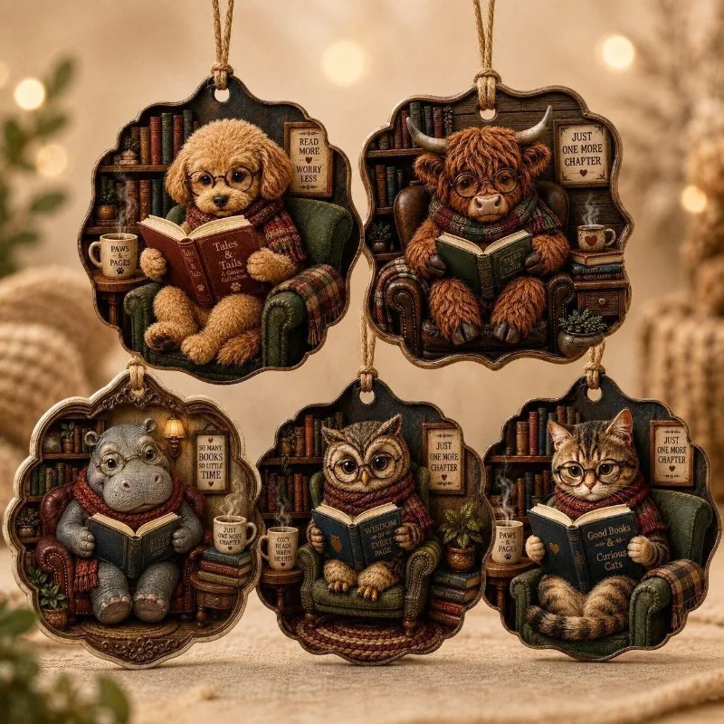 Pages&Paws Magic Animal Series Acrylic Hanging Pendant, Reading Theme Owl Highland Cow Decorative Ornament, Book Lover Gift