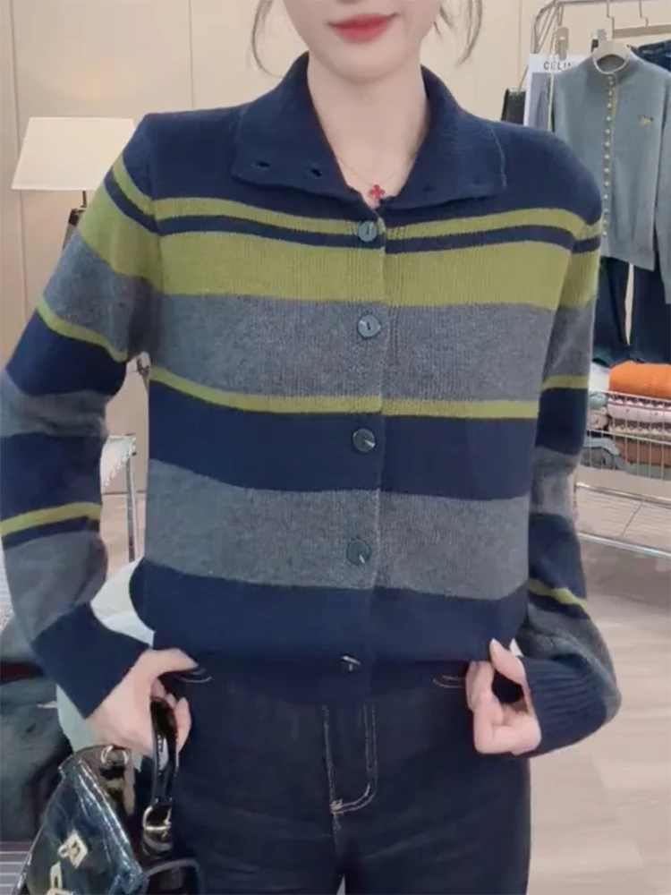 

Briti Sle Striped Color Blo Knitted Cardigan Autumn Winter plus Size Slimming Versatile Top Warm Long Sve Camere S...