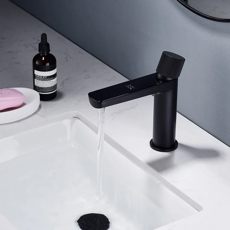 Modern New Design Matte Black Basin Smart Tap Brass Touch Digital Faucet For Bathroom Sinks With Led Light Temperature Display