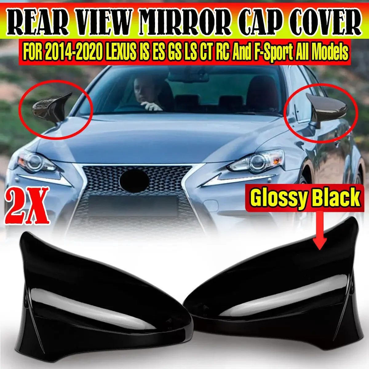 

2XCar Side Rearview Mirror Cover Caps LHD Add on Mirror CoversFor Lexus IS ES GS LS CT RC F-Sport IS200 IS250 IS300 IS350 14-20