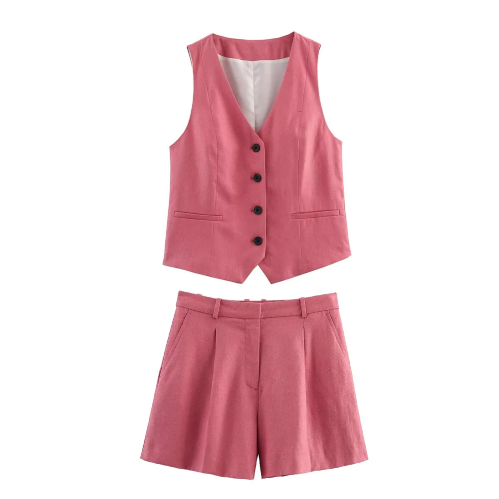 

PB&ZA 2025 Pink Women Suit Set Sleeveless Buttoned Vest with Pleated Shorts Stylish and Versatile for Summer Wear