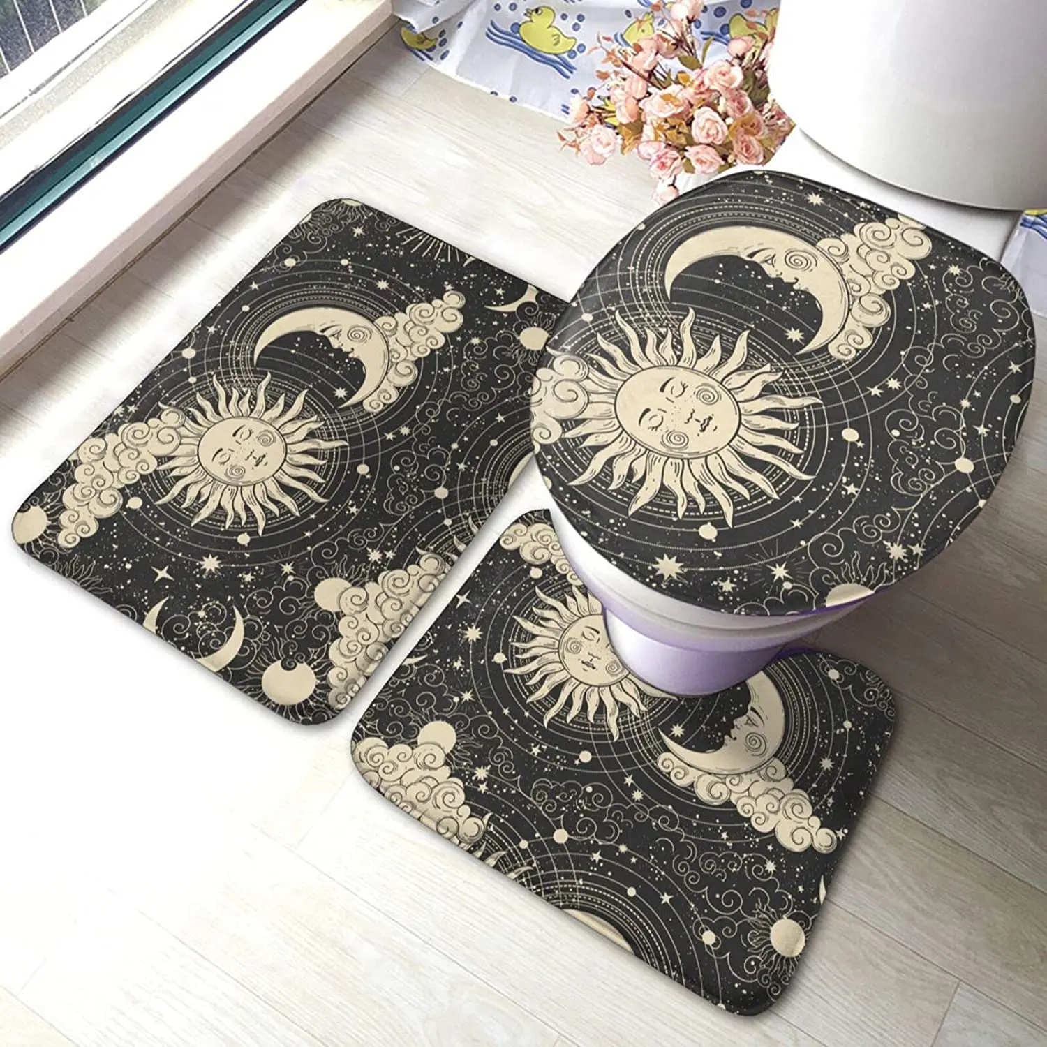 Bath Mat for Bathroom Rugs Tarot Sun Moon Witchy Night Sets 3 Piece Shower Mats Memory Foam Non Slip Toilet Tub Floor Rug Soft