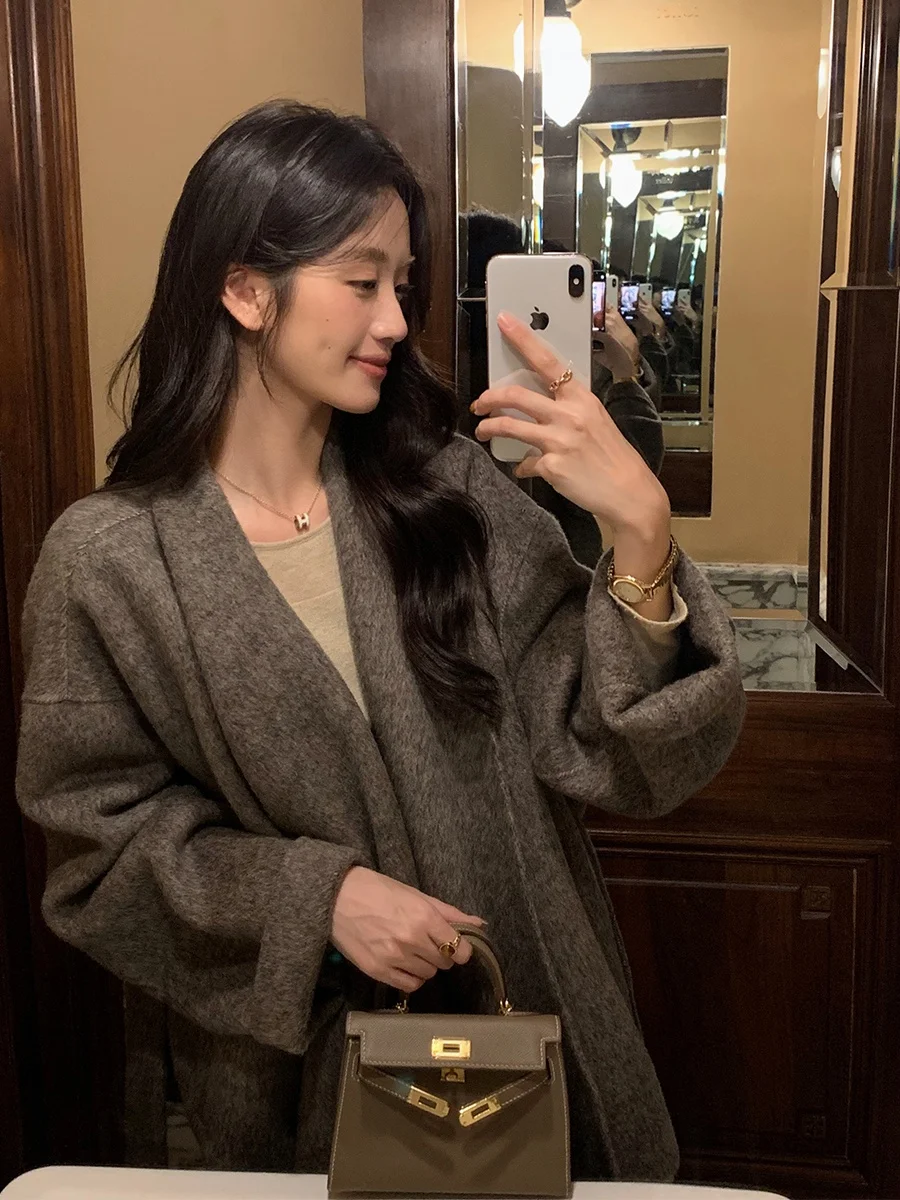 

MUKOK Нежное зимнее пальто из двустороннего твида 2025 года, новинка, для невысоких, однотонное, с длинными рукавами