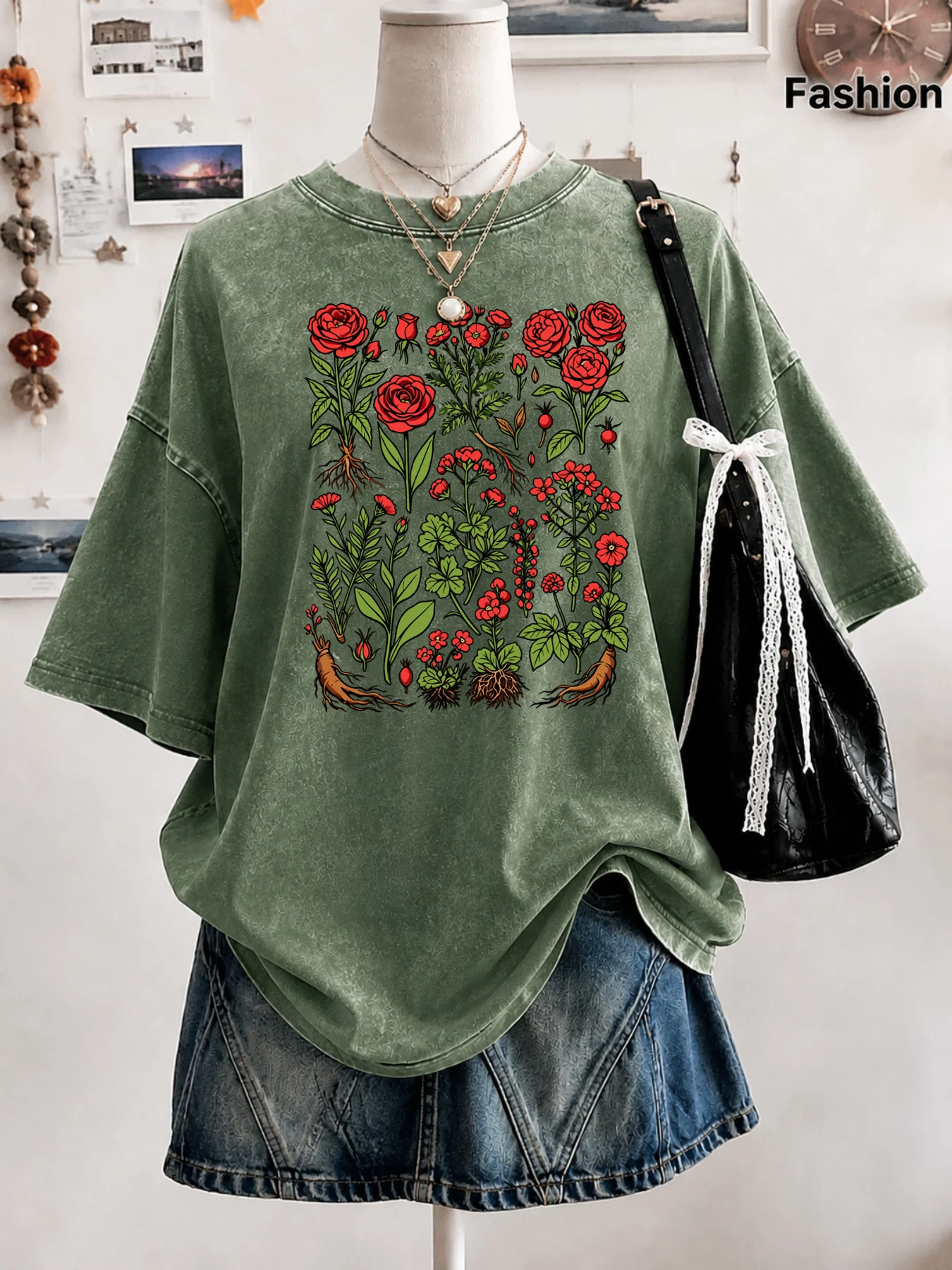Vintage Red Roses Botanical Wildflower Print Women'S Washed T-Shirt Cotton T Shirt Sport Summer Clothes Loose Y2K Short Sleeve