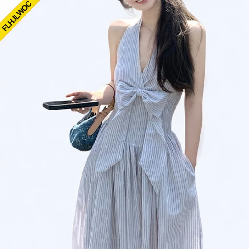 Robe Corset col en v, Chic, mode coréenne, vêtements mignons et doux pour filles, grand nœud, dos nu, Sexy, chemise sans manches