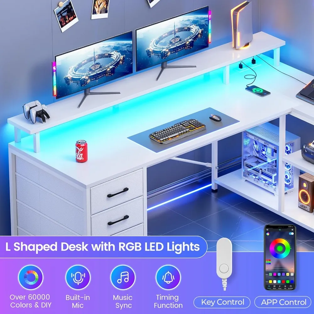 مكتب ألعاب على شكل حرف L مع أضواء LED ومنافذ طاقة و4 أدراج وأرفف تخزين - مكتب زاوية كمبيوتر مكتبي منزلي أبيض