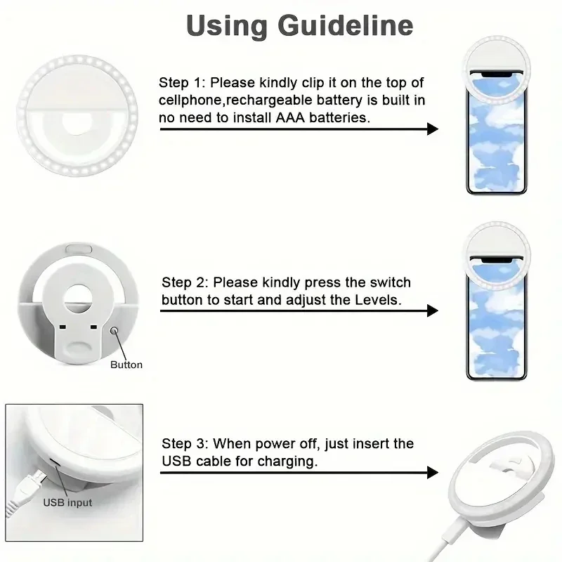 1pc USB Charging LED Selfie Ring Light, Compatible with Various Mobile Phones, Phone Lens LED Selfie Lamp for Enhanced Selfie .