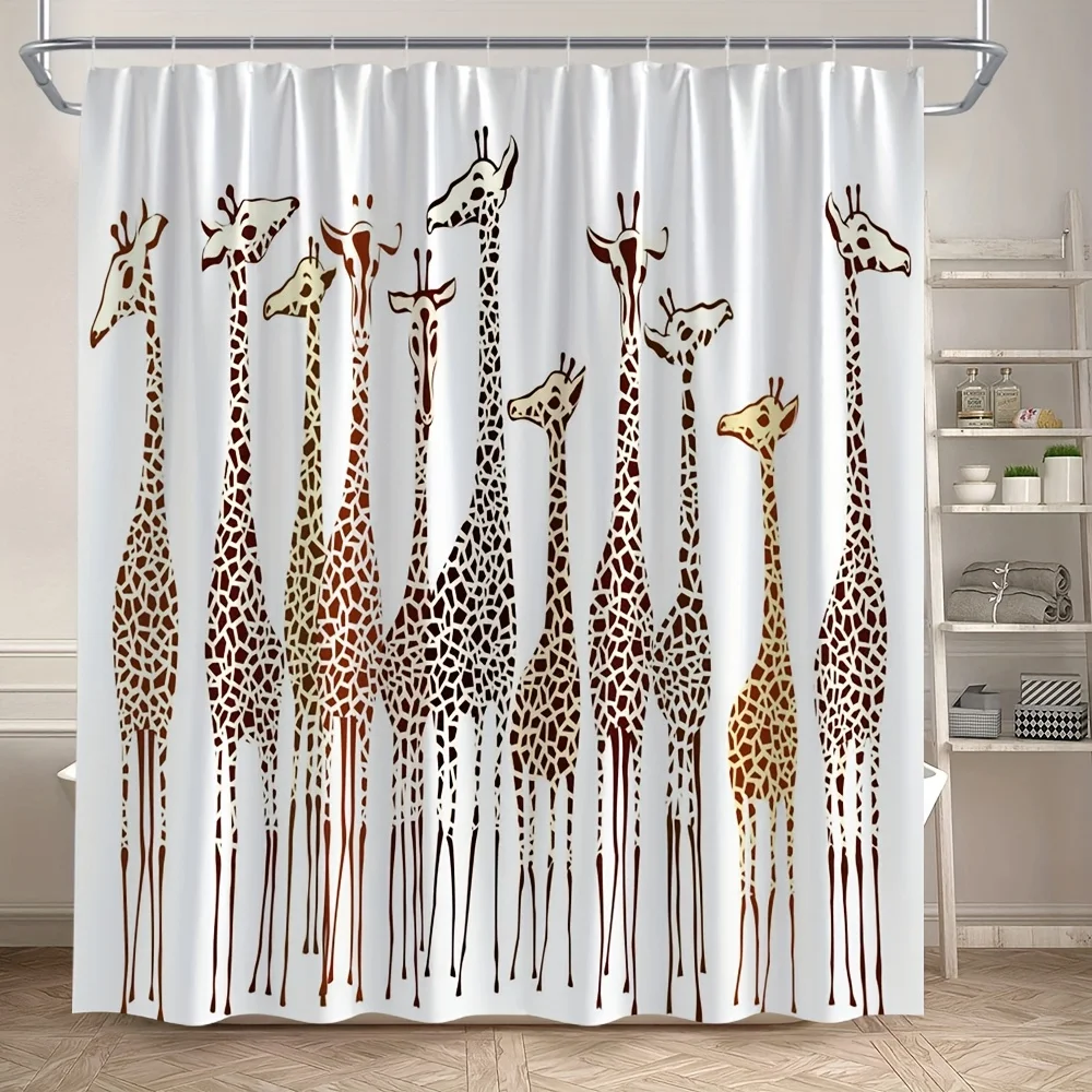 

Занавеска для душа с жирафом — забавные животные на фермерском доме, абстрактный геометрический дизайн, африканская дикая природа середины века, в комплект входят крючки