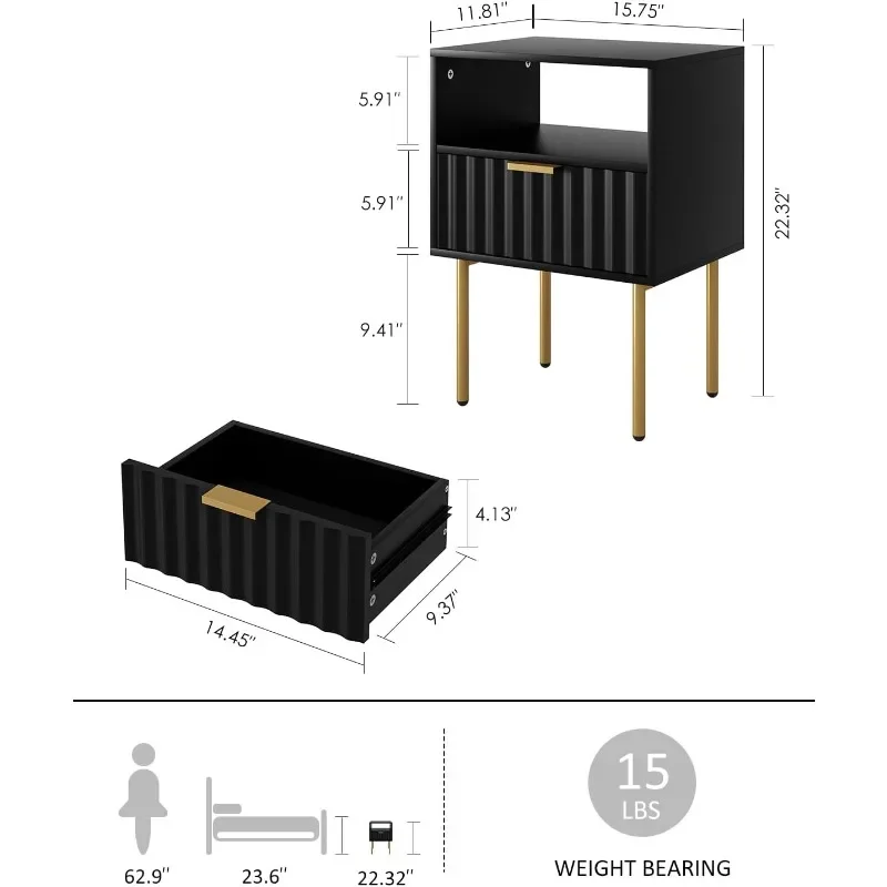 Fluted Nightstand with Gold Frame, Black Nightstand, Bedside Furniture, Modern Side Table with Drawers and Shelves