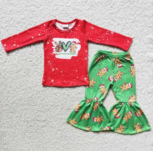 

Christmas Girls Set Wholesale Gesture Love Gingerbread Red Long Sleeve Green Dot Trouser Set