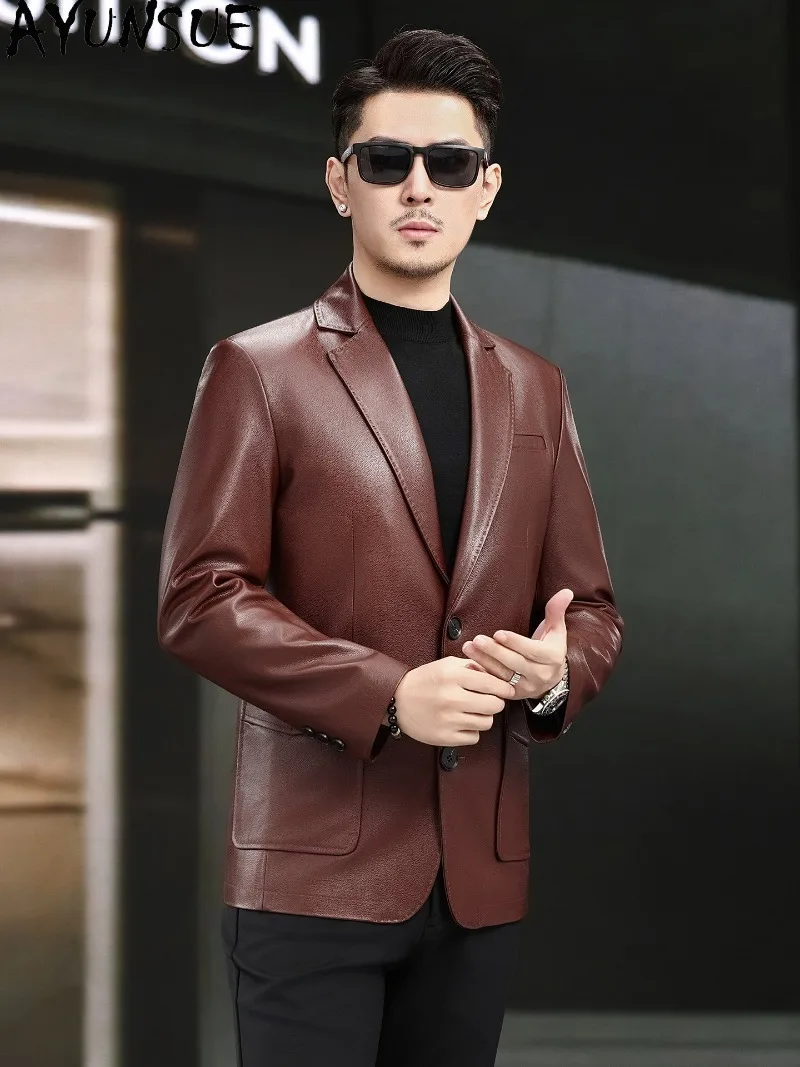 AYUNSUE Top Layer Cowhide Genuine Leather Jacket Men High-end Vintage 100% Real Leather Suit Coat Korean Style Jackets Outerwear