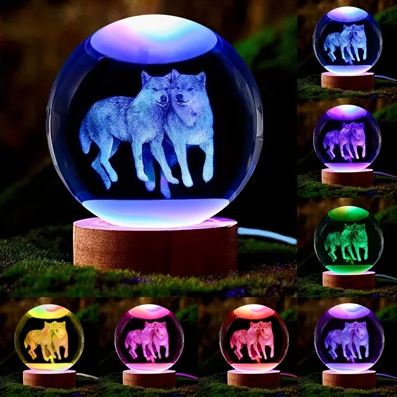 1PC 3D Wolf Crystal Ball Wooden Base Night Light, Girlfriend, Wife, Parents, Christmas Anniversary, Glass Ball, Living Room, Bed