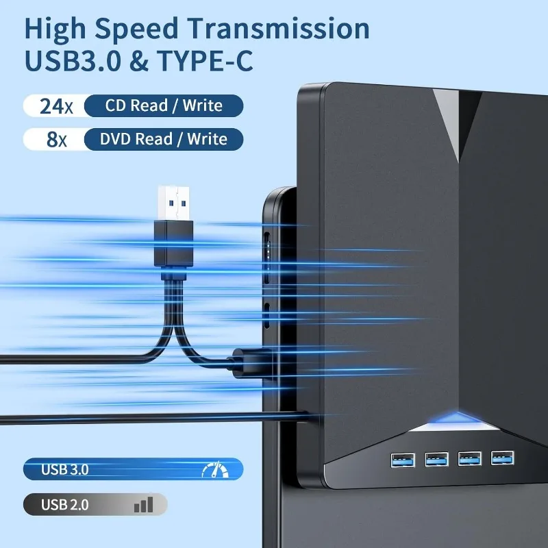 Reproductor de DVD USB 3.0 7 en 1, grabador de CD/DVD portátil, unidad de CD/DVD externa Compatible con PC portátil Windows 11/10/8/7 Linux Mac OS