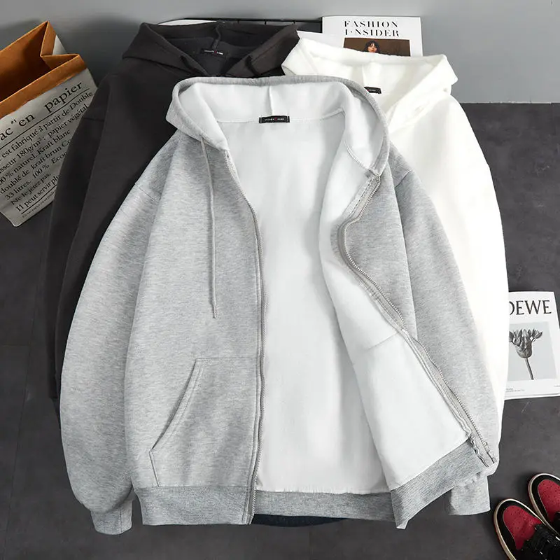 Autumn Winter Velvet Thickened Hooded Cardigan Sweatshirt Loose Men's Clothing Korean Version Warm Solid Color Zipper Chic Tops