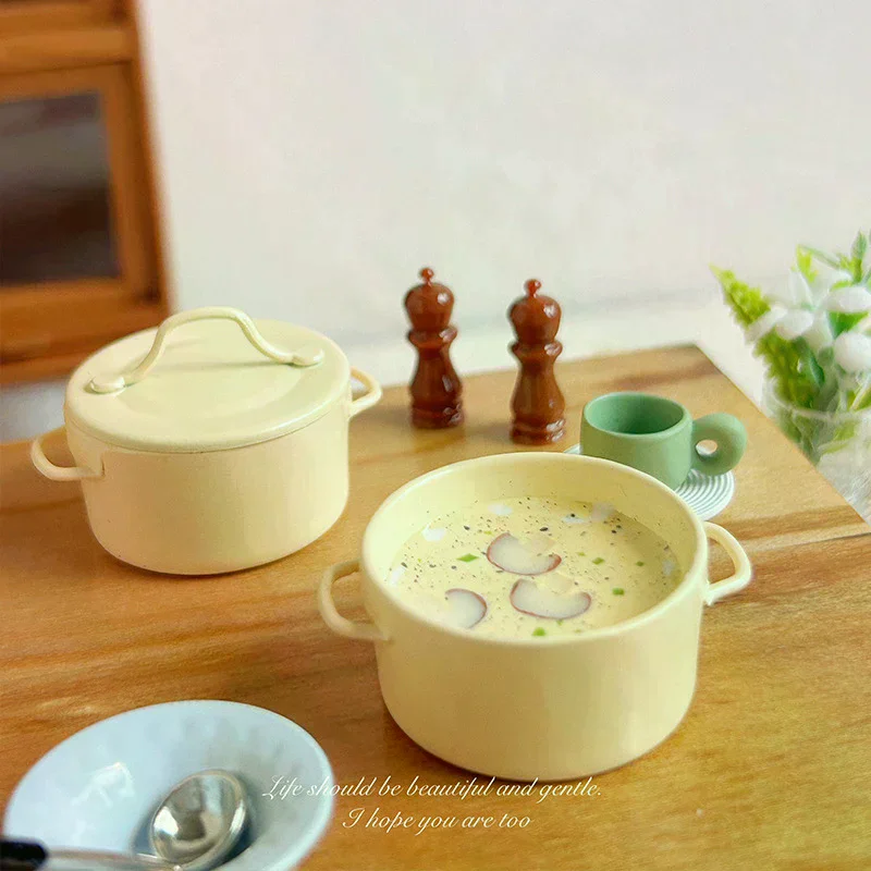 Doll Home Simulation Kitchen Decoration Accessories Pretend Play Toys 1/12 Dollhouse Mini Cream Mushroom Soup Pot Model