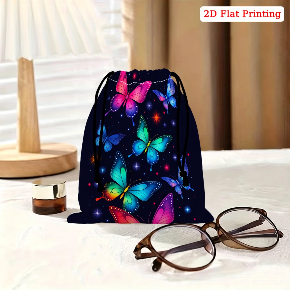 1pc Fashion Drawstring Bag Dark Blue Colorful Butterfly Star Pattern Storage Small Pouch For Glasses Cosmetics Jewelry Travel Po