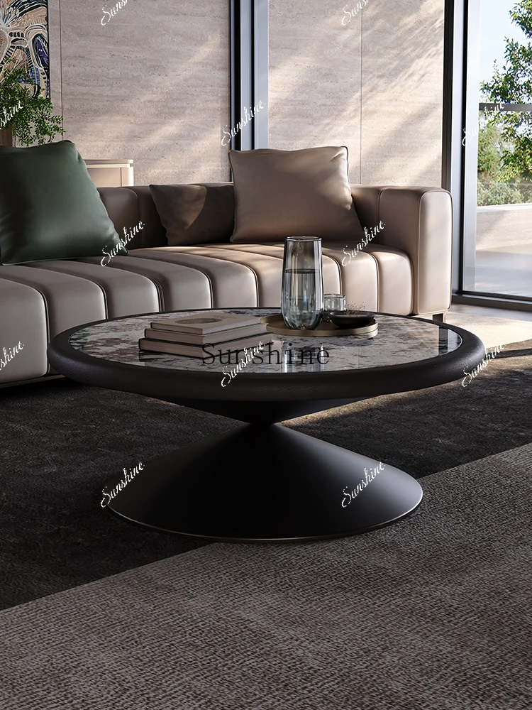 Solid wood inlaid natural luxury stone coffee table round living room home Italian minimalist high-end sense FT