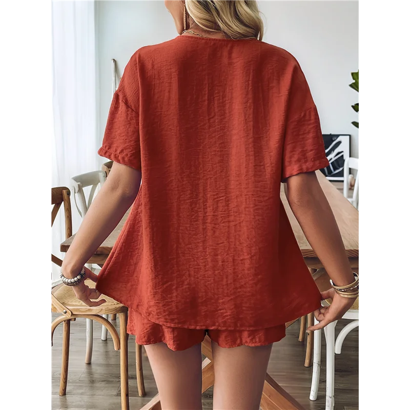 

【SEE】Women's 2 Piece Shorts Set V Neck Short Sleeve Tie Slit Shirt And Shorts Lounge Set Two Piece Outfits