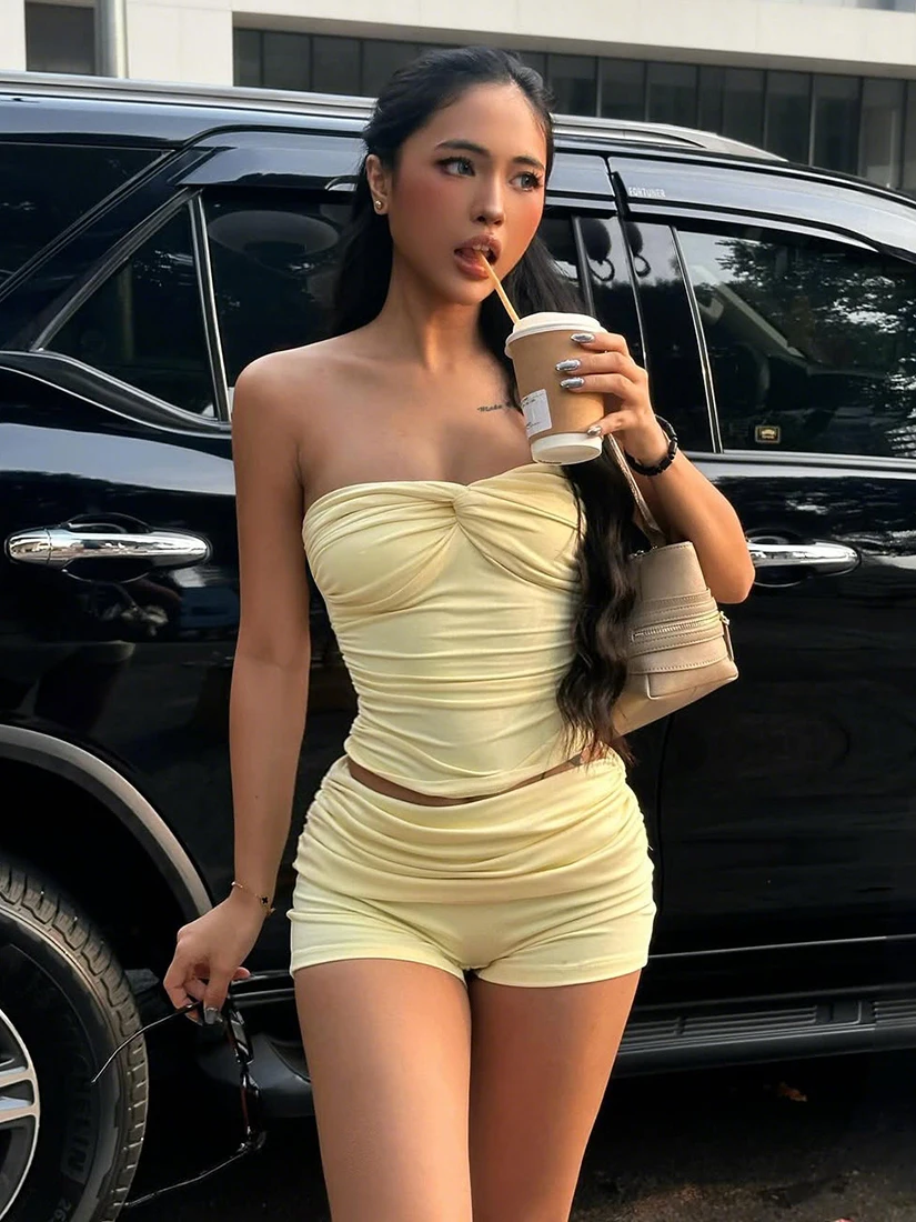 

Sisjuly Pure Desire Spicy Girl Fashion Knot Slim Fit Tube Top And Shortie Shorts Set Women's Sexy Stackable Tight Fit Outfit