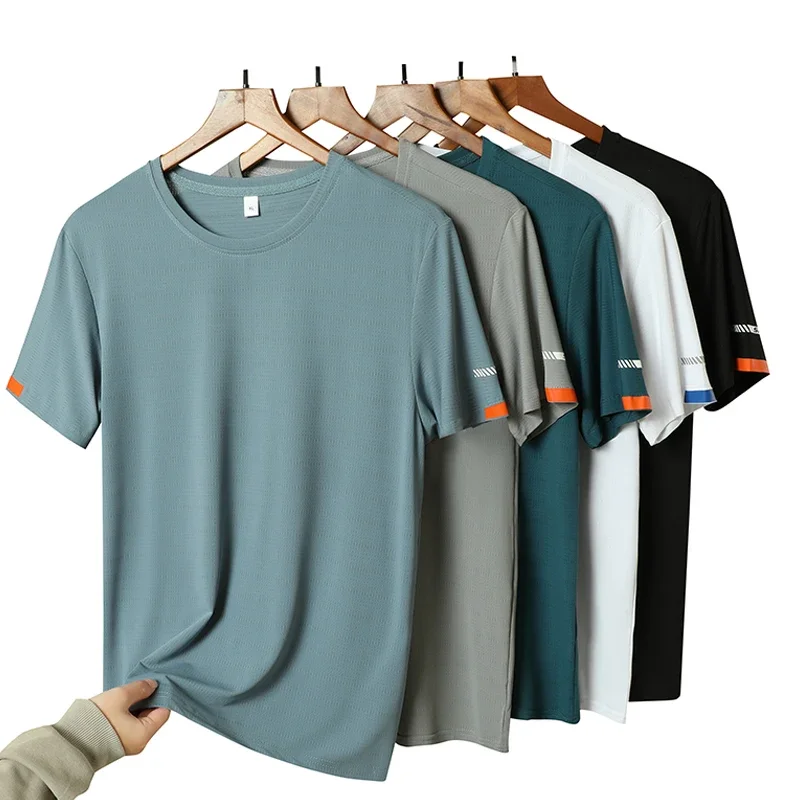

LIBIELIY Men's Summer Ice Silk T-shirt Sweatshirt Round Neck Simple Running Fitness Suit Thin Breathable Quick Drying T