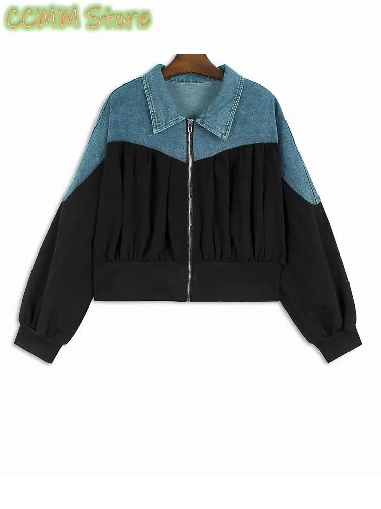 Gray Denim Pleated Big Size Casual Jacket New Lapel Long Sleeve Women Coat Fashion Tide Spring Autumn