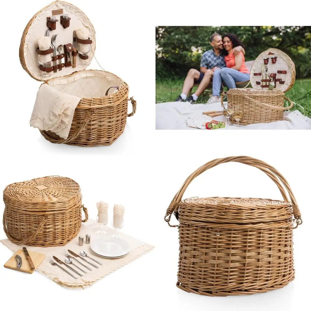 

picnic time heart picnic basket for 2, wicker basket with handle, complete deluxe service for two, handwoven and sturdy willow c