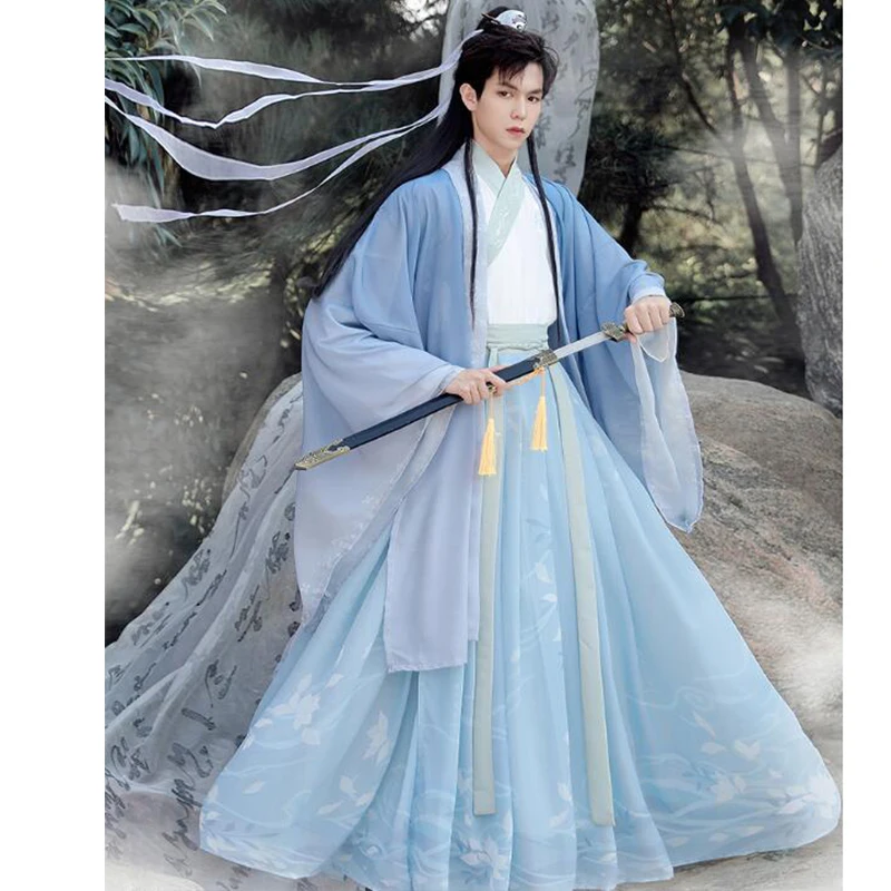 

Weijin Dynasty Swordsman Hanfu Blue Elegant Unisex Men Women Summer Vintage Chinese Style Ancient Costume Couple Matching Suit