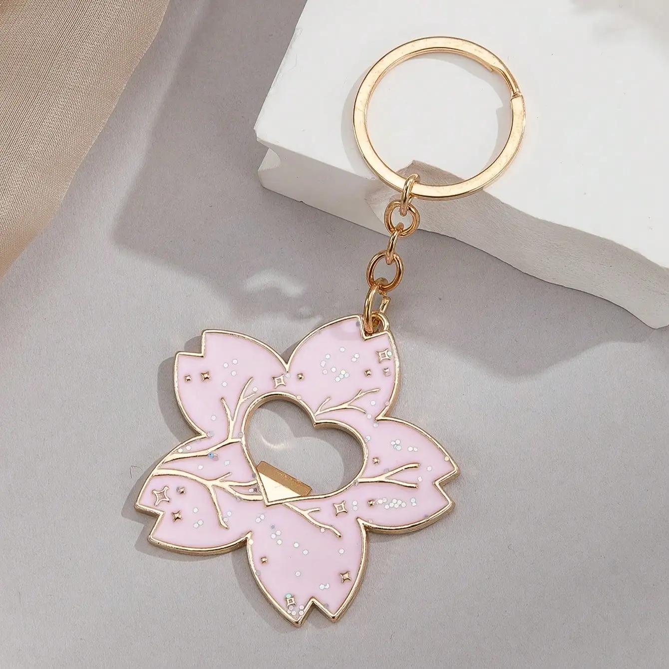 

Pink Cherry Blossom Bottle Opener Keychain: Zinc Alloy, Cute Style, Gift For Daily/Holiday Use