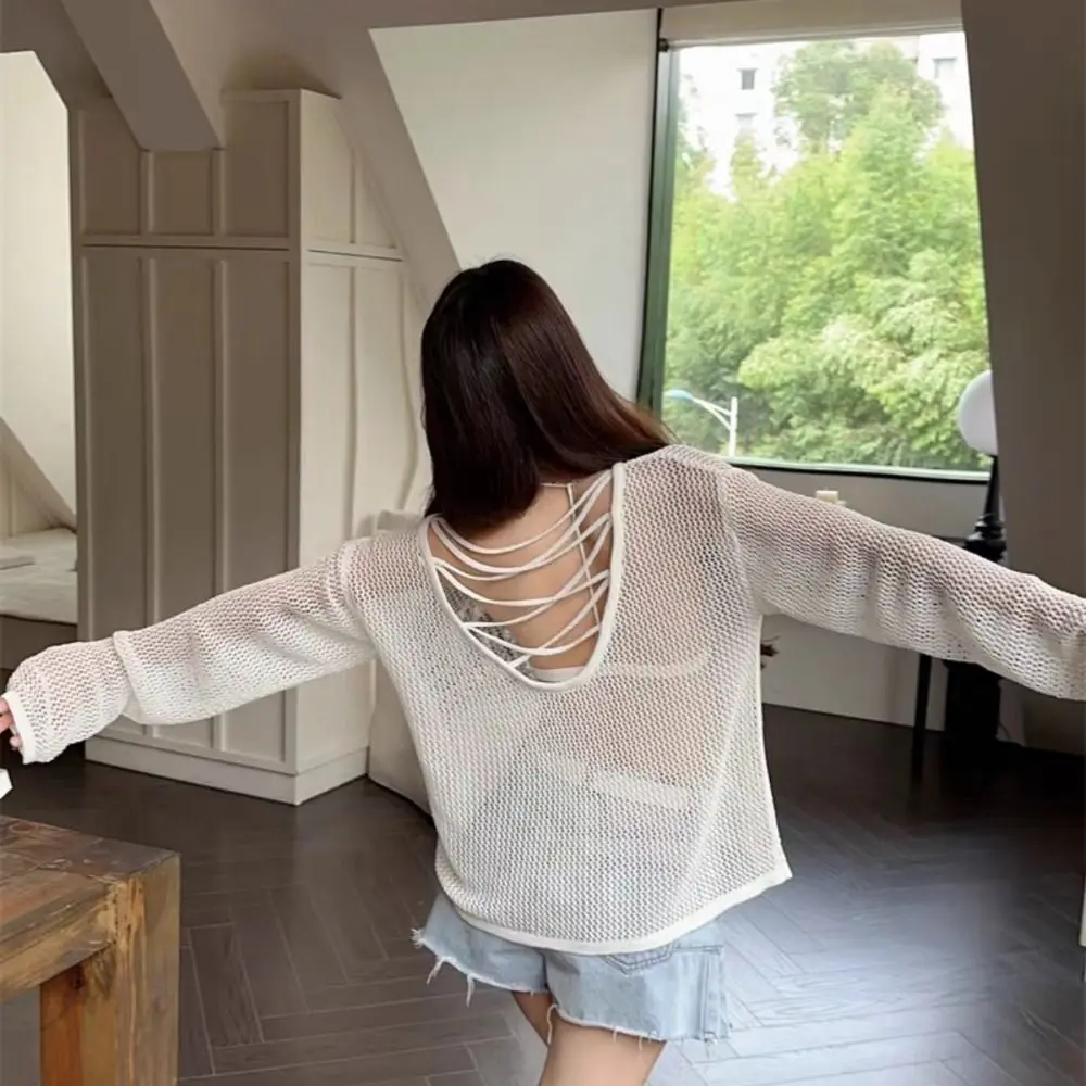 

Breathable Casual Knitted Hollow Pullover Loose Beachwear Long Sleeve T Shirt Round Neck Stripe Crochet Top Women Streetwear