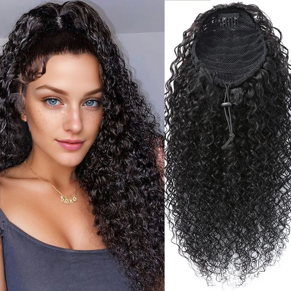Afro Kinky Curly Drawstring Ponytail Human Hair Natural Ponytail Extension Wave 12A Brazilian Human Hair Ponytail Natural Color