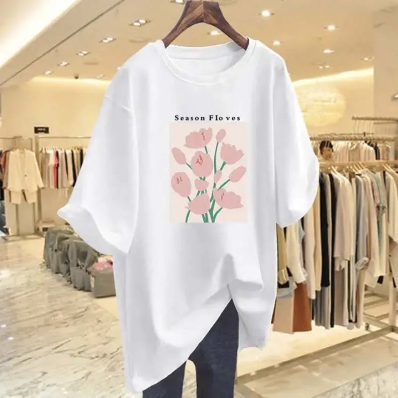 Women Hand-Painted Floral Printing T-shirts Summer Fashion Casual Crew Neck Short Sleeve Top Tee Basic Kawaii Pullovers Y2K Top