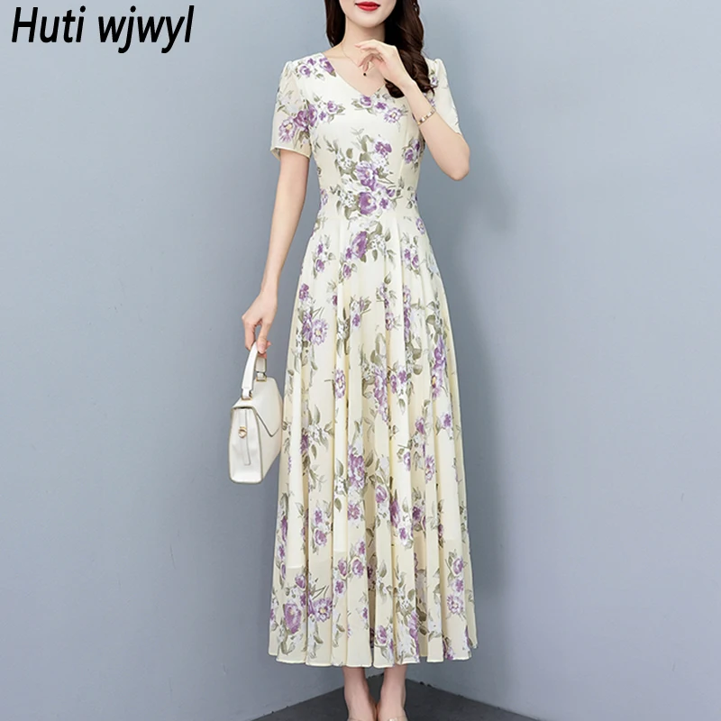 أنيقة فاخرة حفلة موسيقية Bodycon فستان طويل المرأة الأزهار الشيفون عادية بوهو شاطئ فستان الشمس 2025 خمر طباعة ليلة ميدي فستان