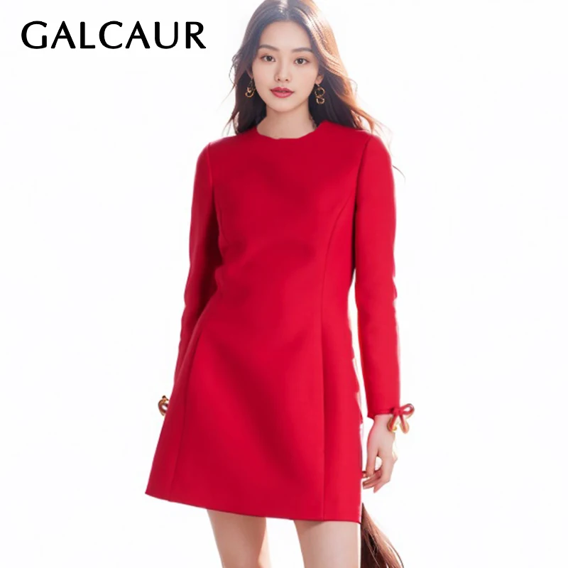 

GALCAUR Minimalist Loose Dress For Women Round Neck Long Sleeve High Waist Spliced Bowknot Elegant Temperament Dresses Female