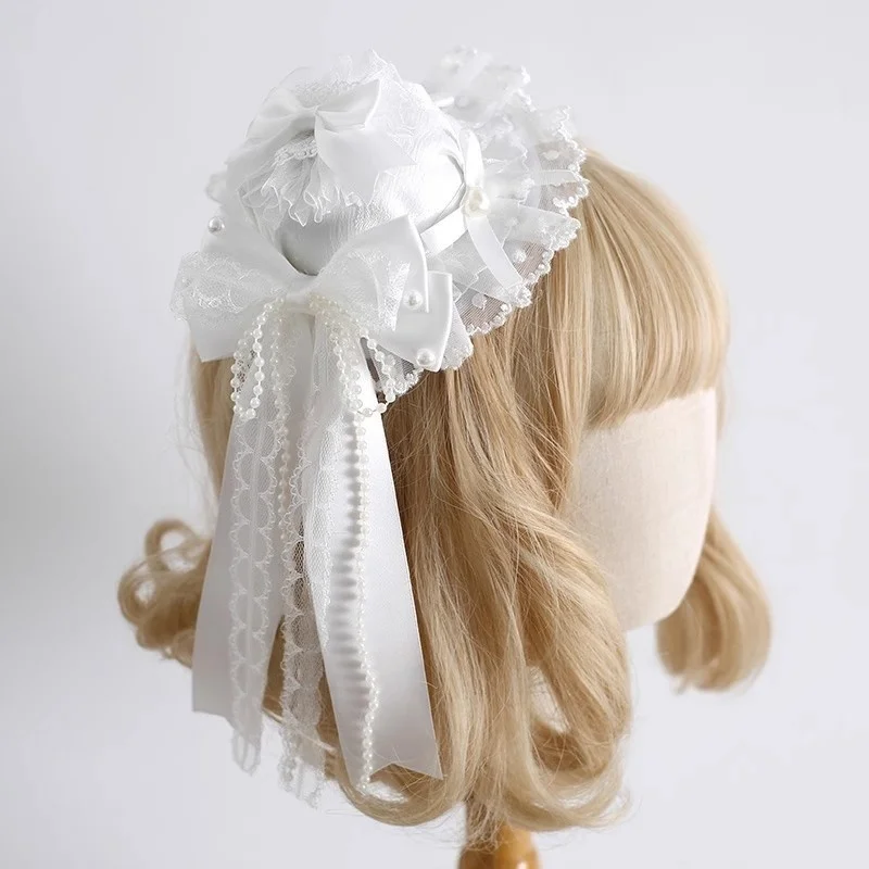 오리지널 핸드메이드 인형 화이트 빈티지 스몰 탑햇 로리타 레이스 보우 헤드밴드 여성용 스윗 KC 보닛 모자 액세서리