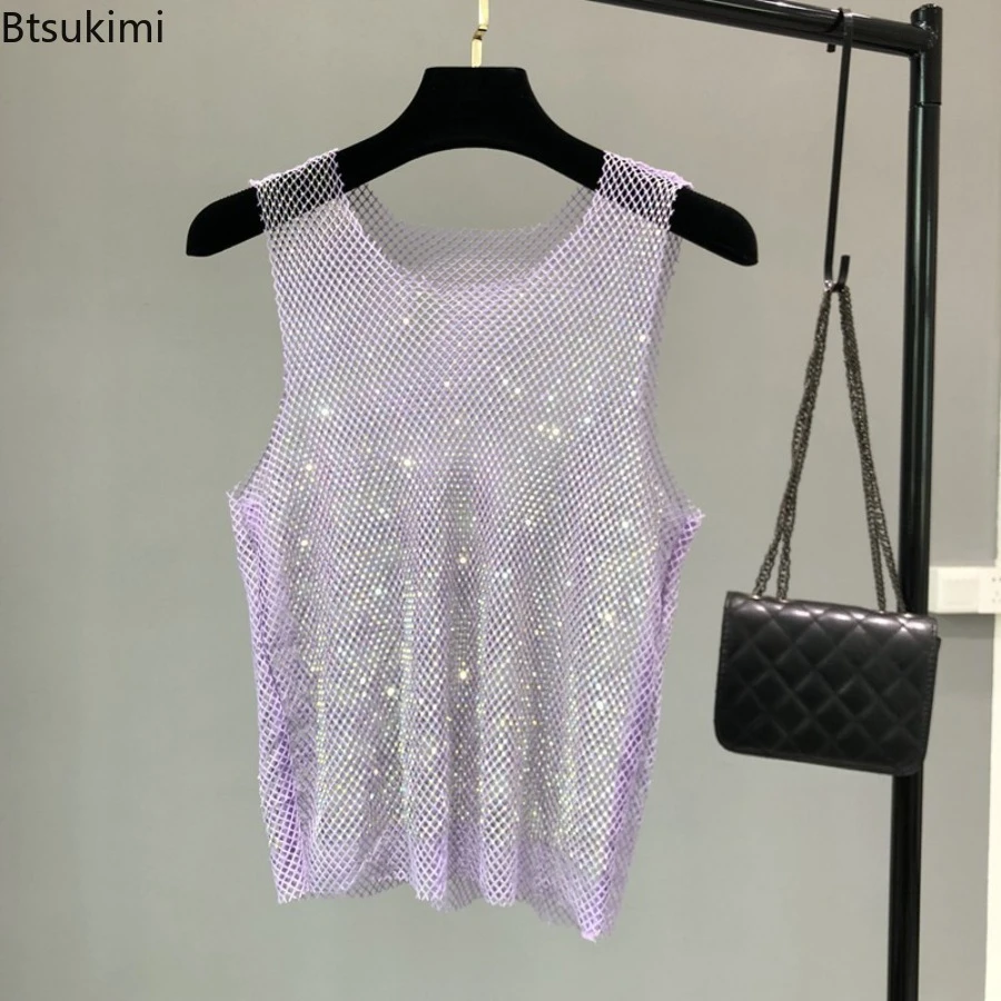 Women Crystal Rhinestone Shiny Y2K Tank Top See Through Mesh Hollow Out Sleeveless Sexy Vest Party Club Summer Streetwear Blouse