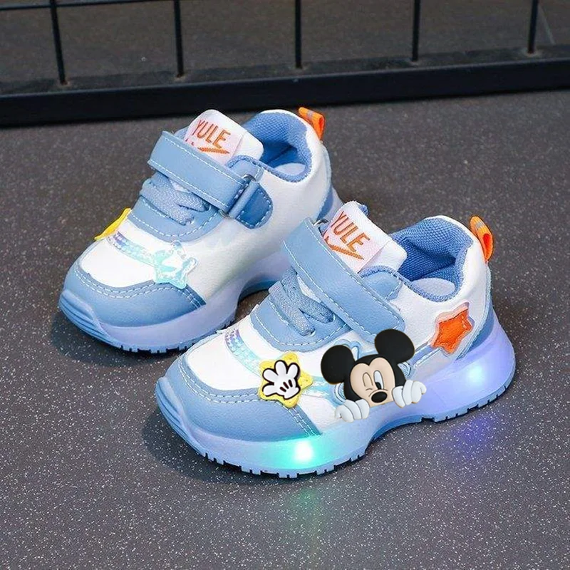 

Светящиеся кроссовки с Микки Маусом для девочек, модная легкая обувь для девочек, повседневная обувь, весенне-осенние кожаные легкие первые ходунки