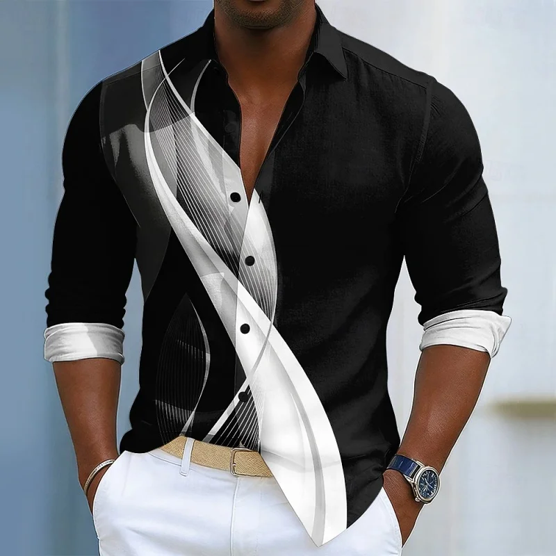 Men's shirt long sleeved shirt gray white abstract curve printed lapel cardigan loose lapel trendy casual men's shirt XS-6XL