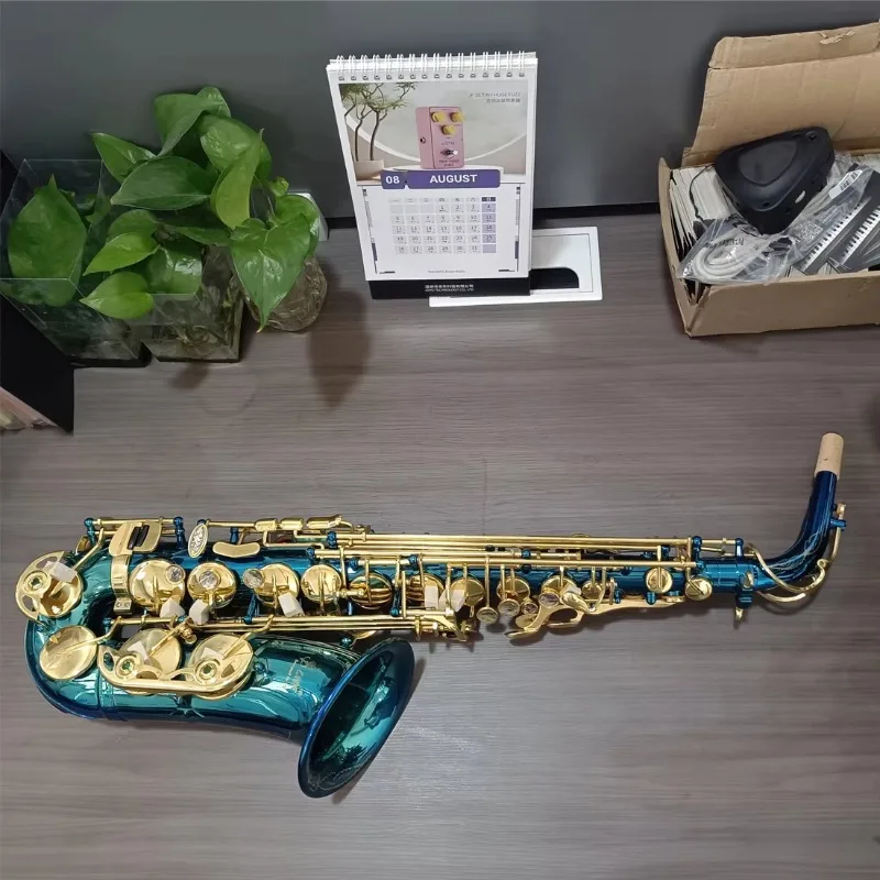 Alto Saxophone with E-down Key Blue Lacquer Glossy Brass Carved Design Beginner Model with Canvas Case