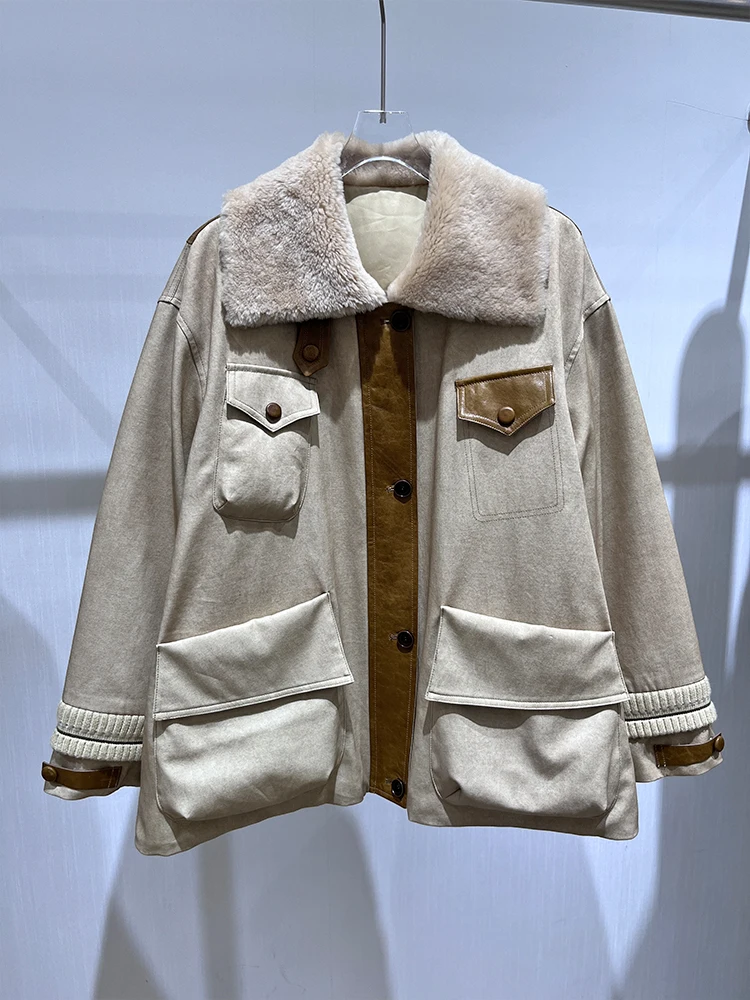 2025 herbst Winter frauen Natürliche Echte Lamm Schafe Pelz Kragen Denim Gans Unten Jacke Outwear Luxus Weibliche Puffer Mantel