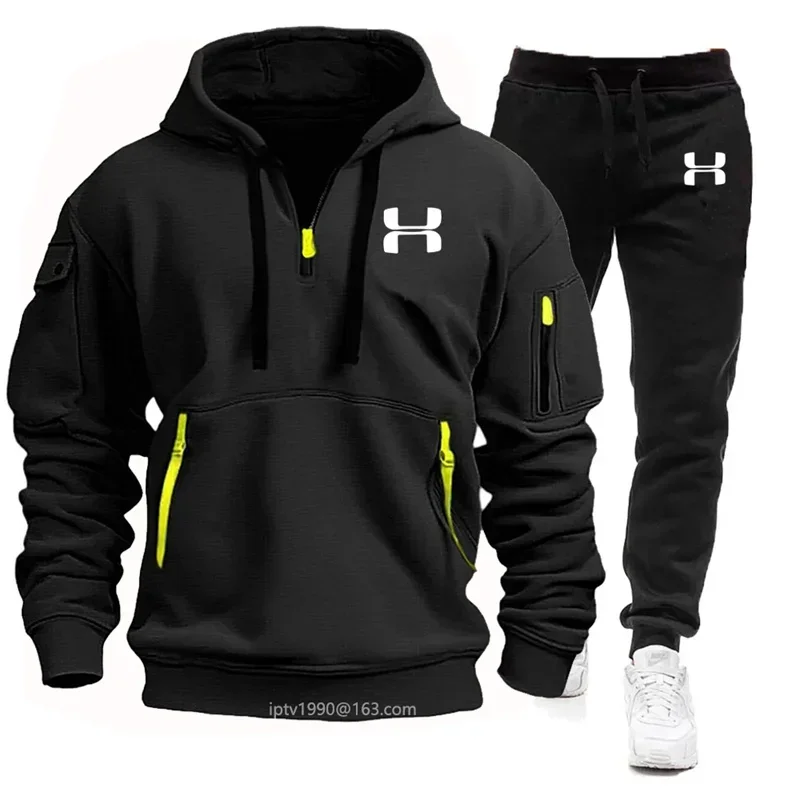 

Men's fitness jogging set for autumn and winter, a two-piece set of multi-pocket semi-zipper hooded sweatshirt and casual pants
